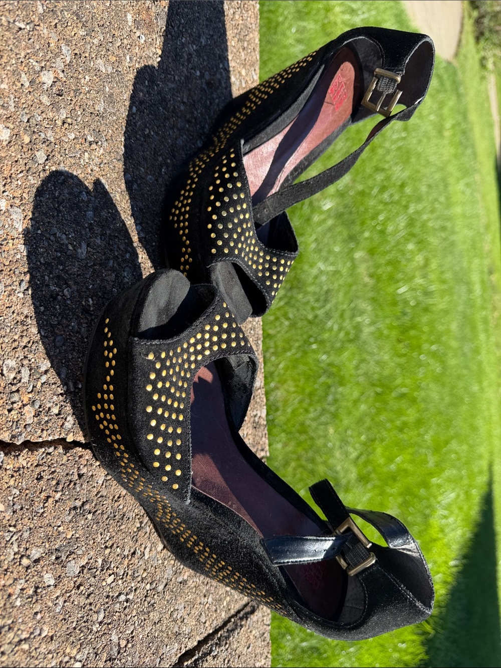 Black Wedge Sandals with Gold Stud Accents
